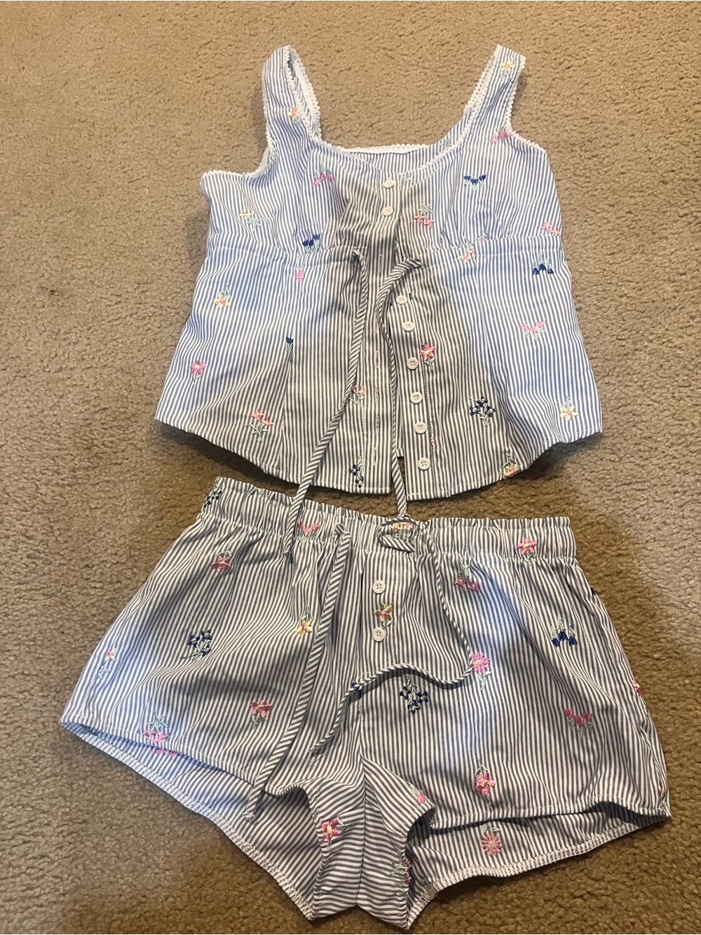 Small cottagecore lounge set pajamas floral embroidered women’s front tie